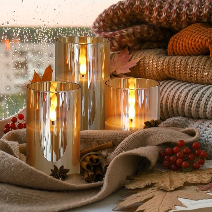 Velura | LED Lys Sæt Røgfarvet Glas | 3 Glas Stemningslys med Timer & Fjernbetjening