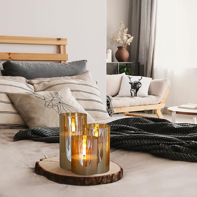 Velura | LED Lys Sæt Røgfarvet Glas | 3 Glas Stemningslys med Timer & Fjernbetjening