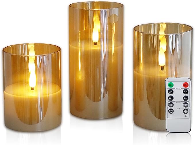 Velura | LED Lys Sæt Røgfarvet Glas | 3 Glas Stemningslys med Timer & Fjernbetjening