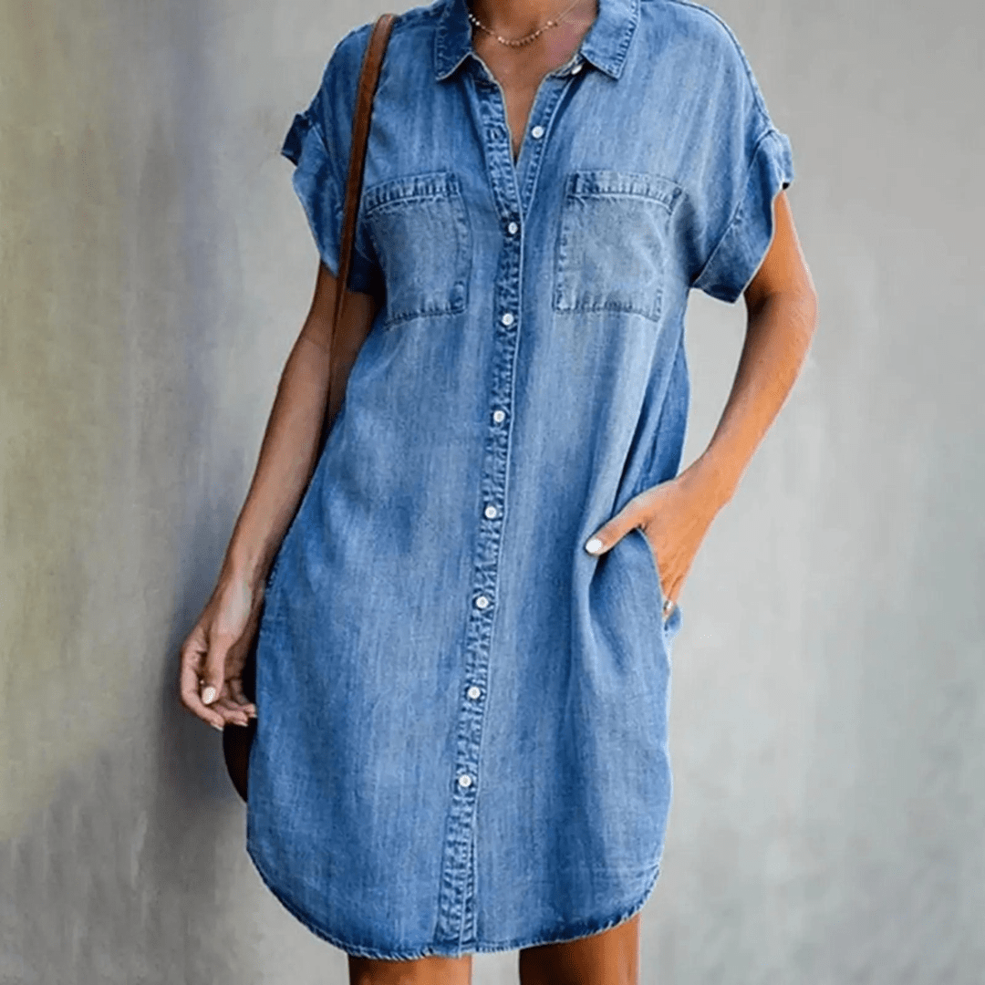 Elira | Denim Skjortekjole til Damer med Korte Ærmer og Oversized Pasform