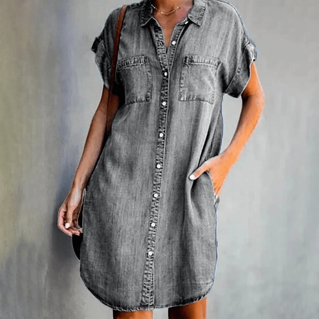 Elira | Denim Skjortekjole til Damer med Korte Ærmer og Oversized Pasform