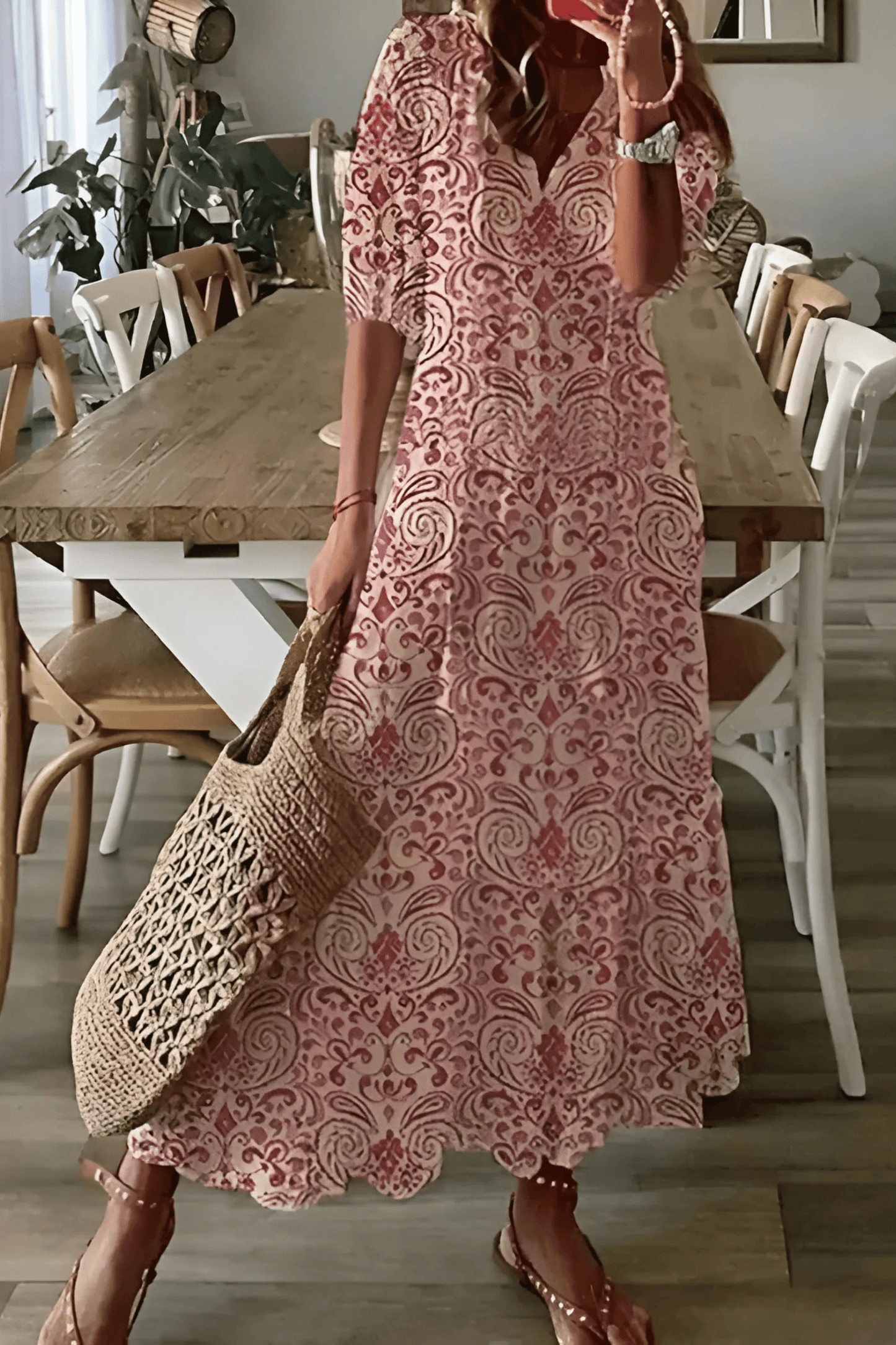 Solena | Boheme Maxi-Kjole til Damer med V-Hals og Sommerprint