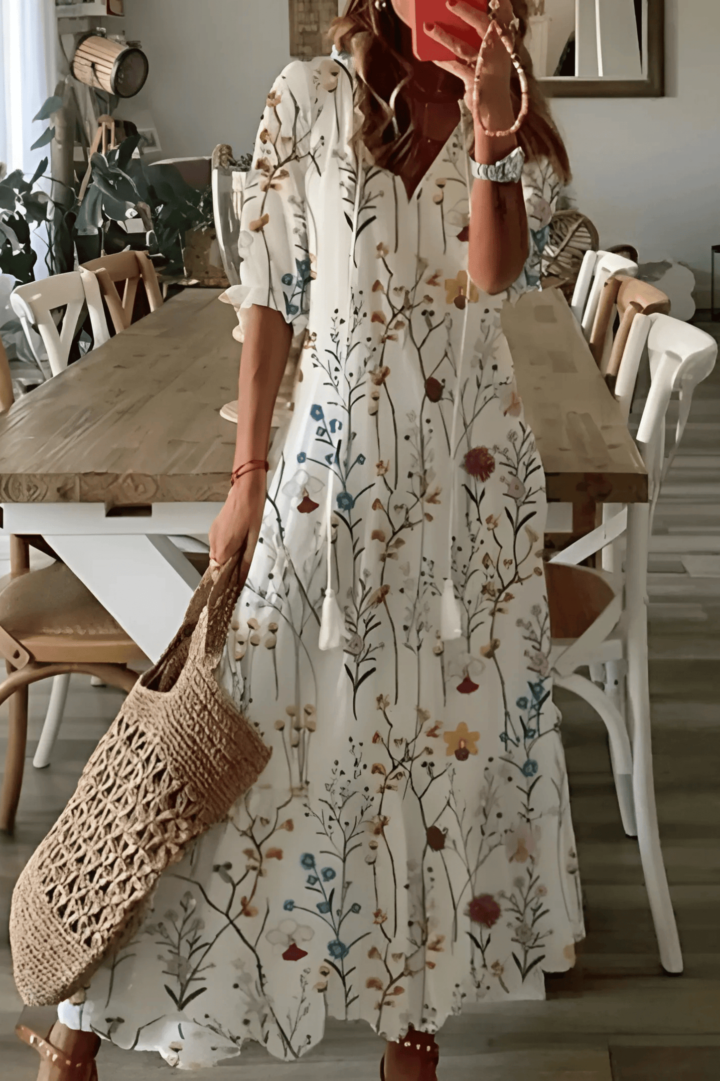 Solena | Boheme Maxi-Kjole til Damer med V-Hals og Sommerprint