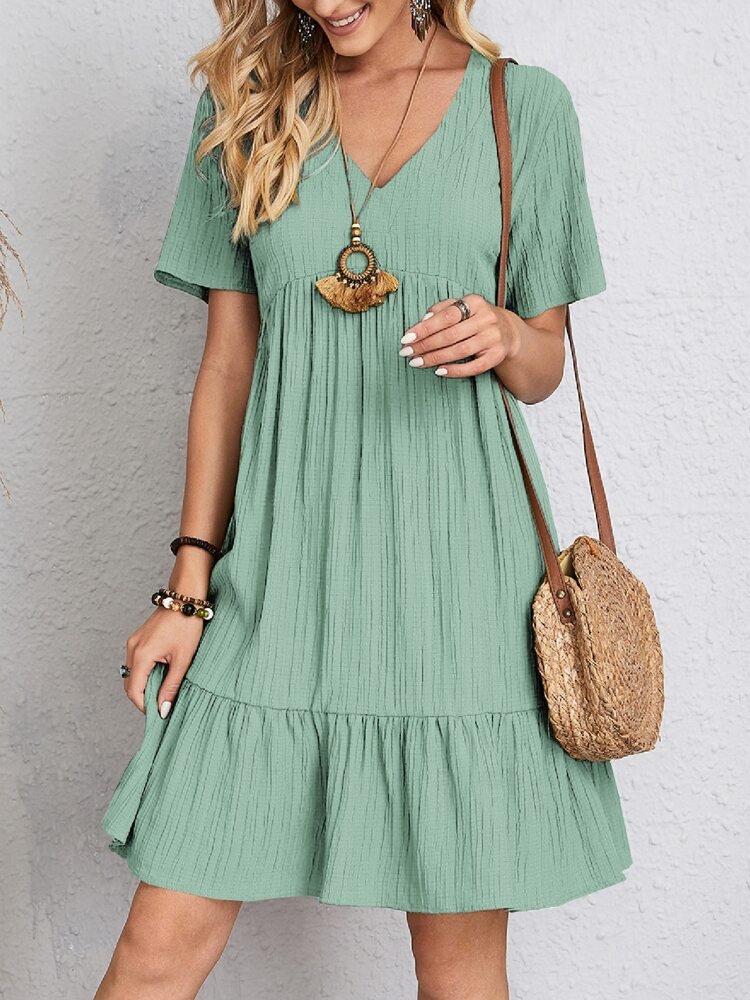 Aluna | Bomulds Sommerkjole Dame med V-Hals, Flæser & Let Boho-Stil