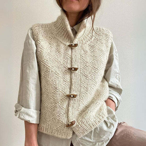 Lunette | Chunky Strikket Vest Til Damer Med Træknapper Og Ståkrave