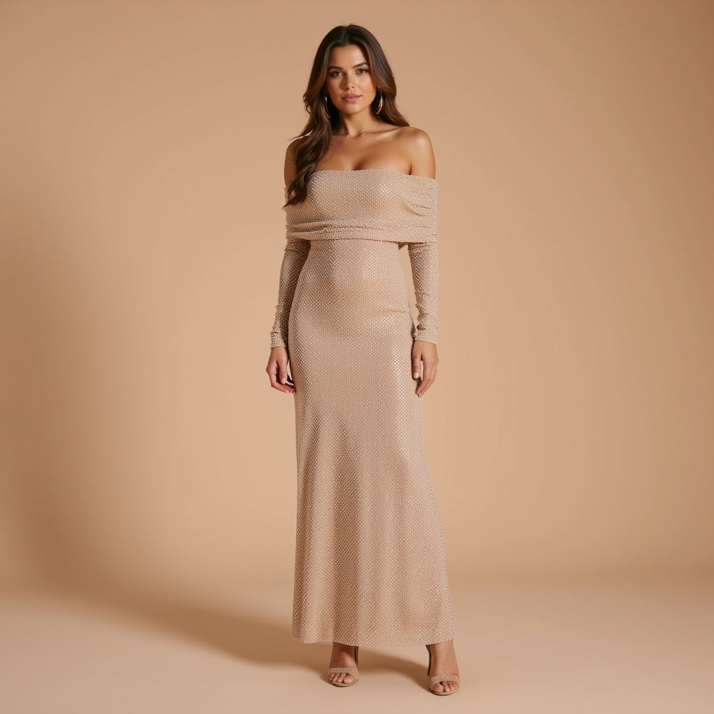 Serelina™ | Damer Nude Off-Shoulder Glitterkjole | Elegant Maxi Gallakjole med Lange Ærmer og Lav Ryg