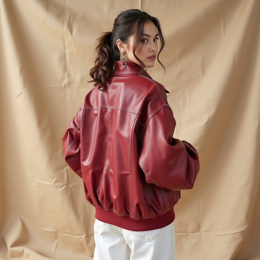 Levana™ | Damer Rød Læder Oversized Bomberjakke