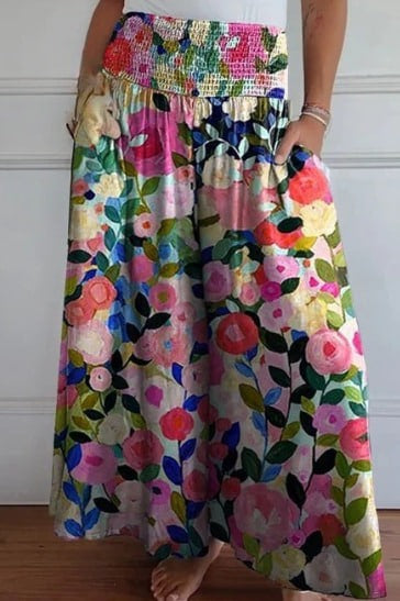 Serenelle™ | Damer Maxi Nederdel med Smocktalje og Lommer | Luftig Vidtsiddende Sommernederdel i Blødt Materiale