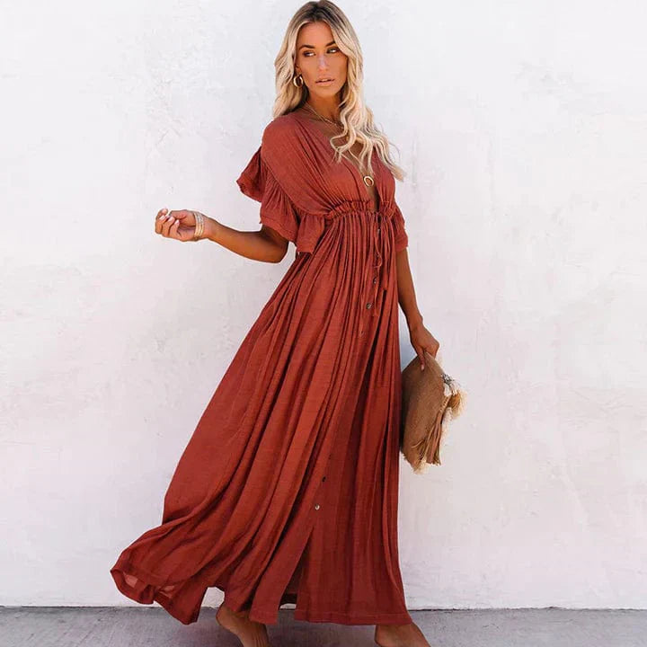 Yelina | Boho Maxi Kjole Med Knaplukning Og Bindebånd Damer