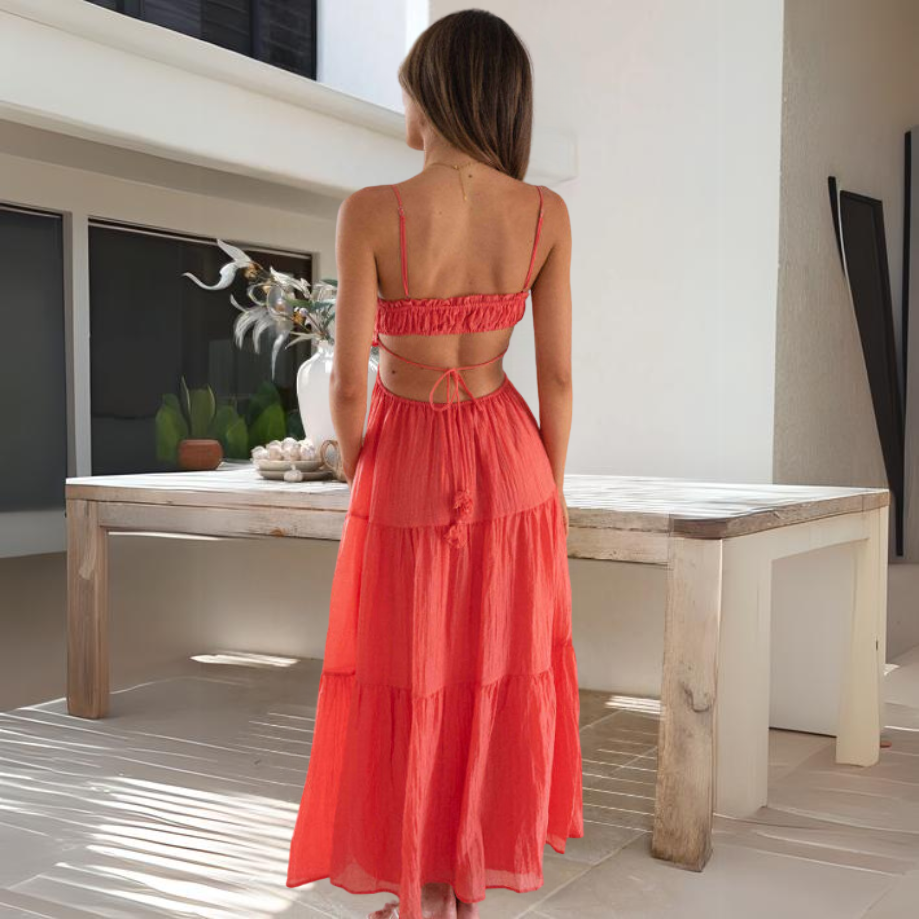 Selena™ | Damer Stropløs Maxi Sommerkjole Med Cut-Out Og Åben Ryg | Let Casual Boho Kjole Med Flæser