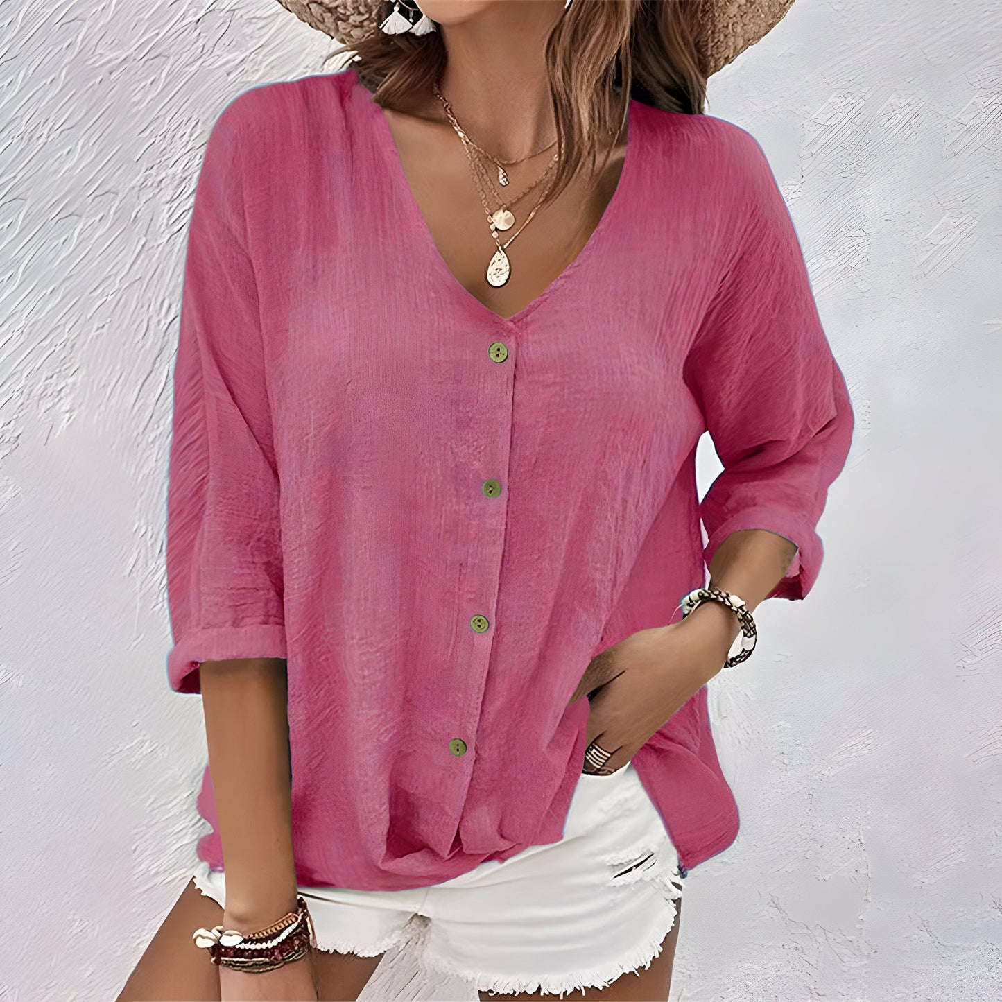 Liora | Let Damebluse | Sommerbluse med V-Hals & Knaplukning | Løstsiddende | 3/4 Ærmer | Casual Top