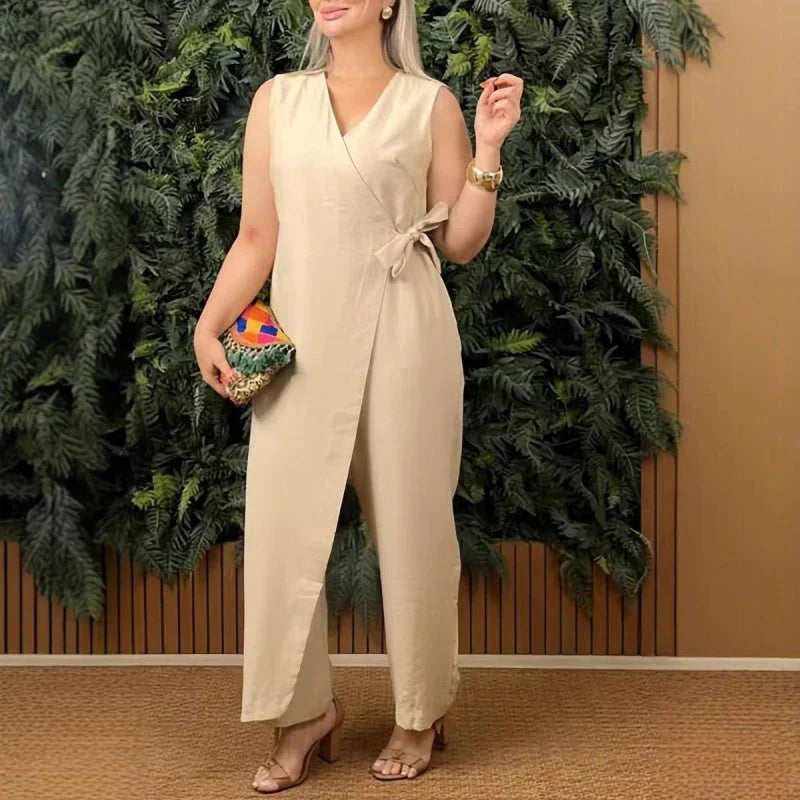 Calista™ | Damer Ærmeløs Wrap Jumpsuit med V-Hals | Elegant Let Sommer Jumpsuit med Sløjfe til Arbejde og Fest