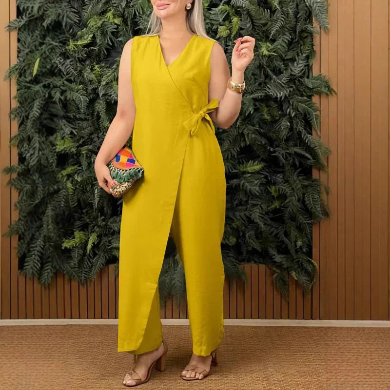 Calista™ | Damer Ærmeløs Wrap Jumpsuit med V-Hals | Elegant Let Sommer Jumpsuit med Sløjfe til Arbejde og Fest