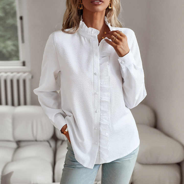 Linda™ | Damebluse med Flæser | Elegant Ståkrave & Luksuriøst Tekstureret Stof