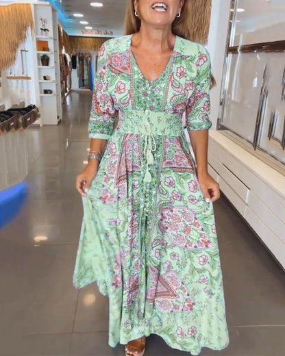 Isalina™ | Damer Boheme Maxikjole med Paisley Blomstermønster | Luftig Sommerkjole med V-Hals og Taljebånd