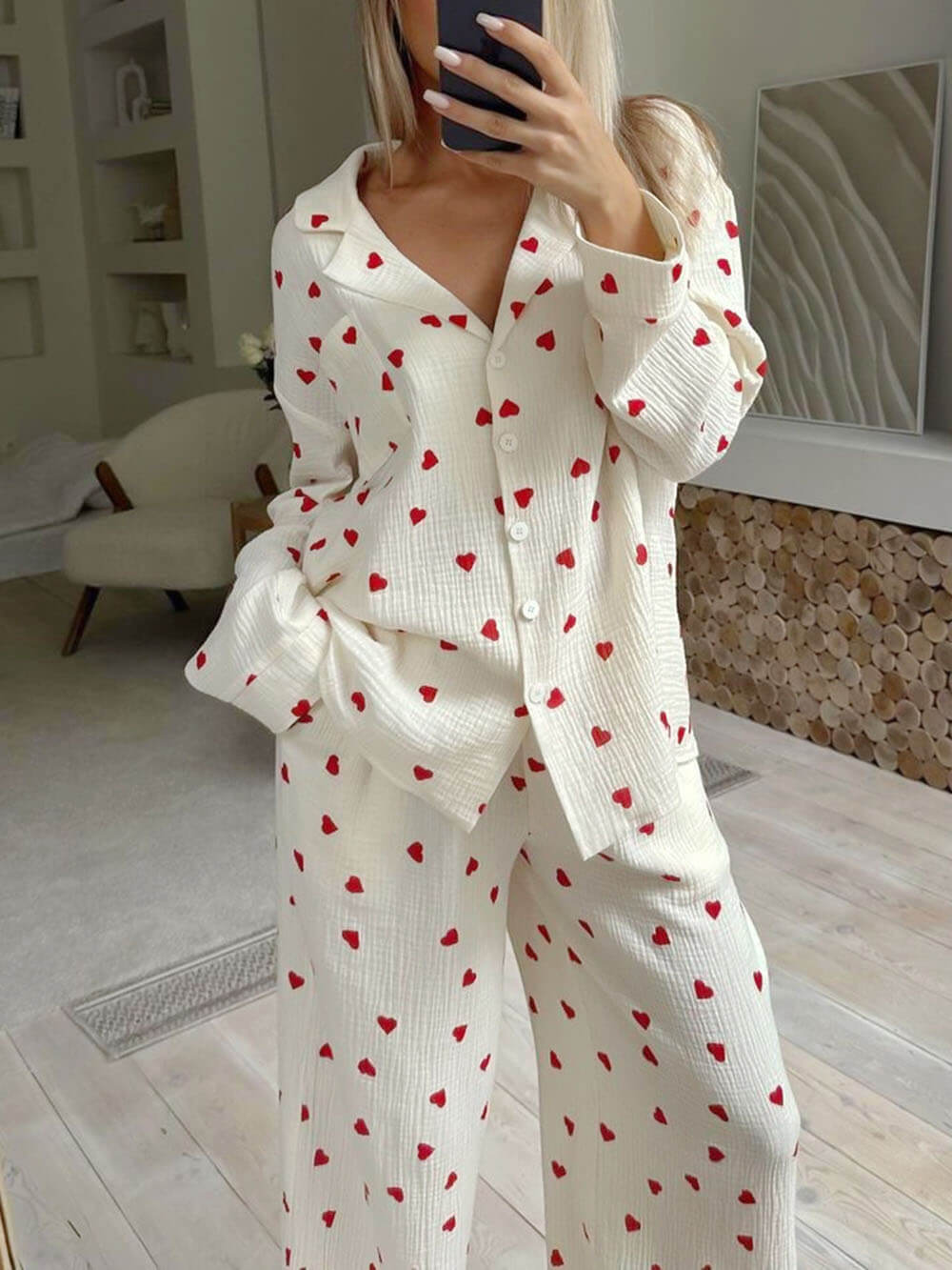 Amorette™ | Damer Pyjamasæt med Hjerteprint | Blød og Romantisk Loungewear til Hjemmehygge