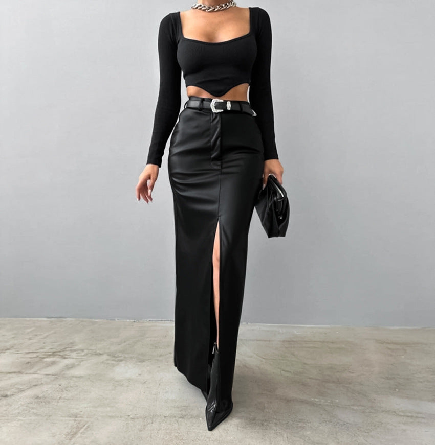 Soraya™ | Damer High-Waist Læder Maxi Nederdel med Slids | Lædernederdel med Tætsiddende Pasform