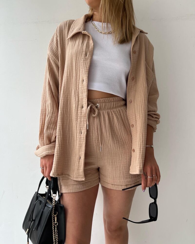 Linde™ | Damer 2-Delts Musselin Sommersæt | Let Co-Ord Sæt Med Oversize Skjorte, Ribtop Og Shorts