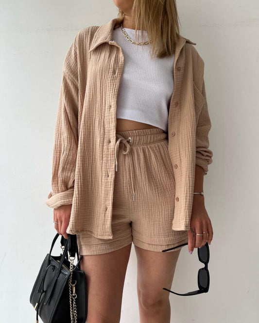 Linde™ | Damer 2-Delts Musselin Sommersæt | Let Co-Ord Sæt Med Oversize Skjorte, Ribtop Og Shorts