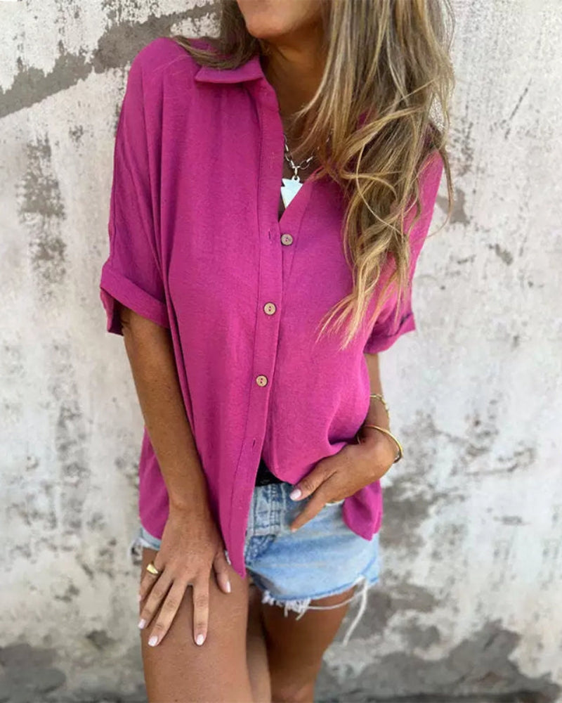 Luna | Damer Oversized Bluse | Let Sommerbluse | Korte Ærmer | Button Down | Casual & Løs Pasform | Åndbar Og Komfortabel