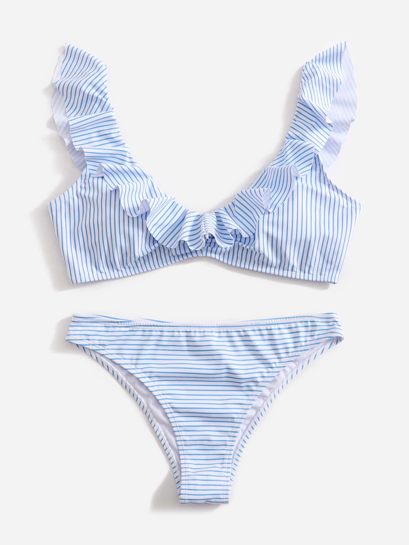 Isadora™ | Damer Stribet Bikini med Flæser | Lyseblå-Hvidt Sæt med Bindebånd og Elegant Udskæring