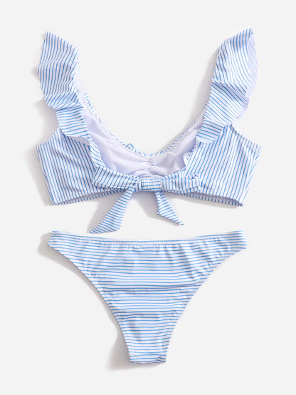 Isadora™ | Damer Stribet Bikini med Flæser | Lyseblå-Hvidt Sæt med Bindebånd og Elegant Udskæring