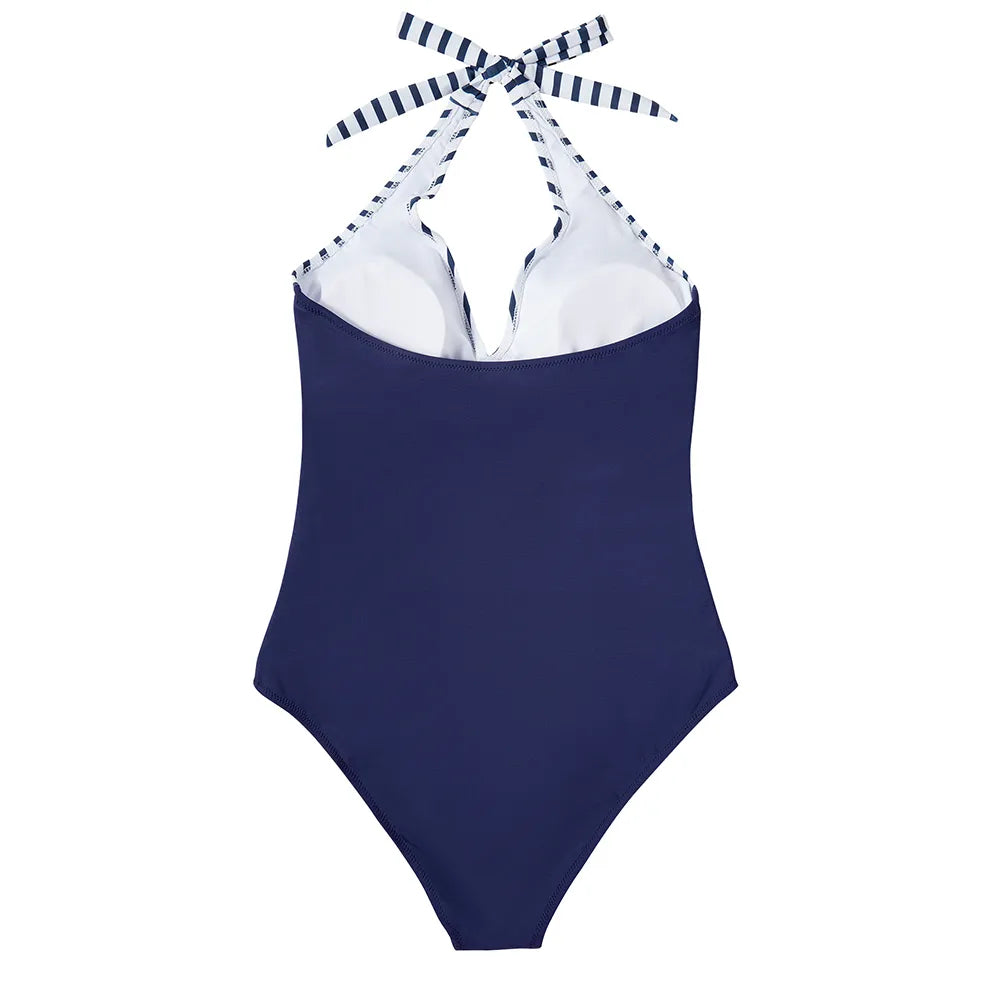 Marinelle™ | Damer Halterneck Badedragt med Stribet Buste | Flatterende Shaping Badedragt med Drapering til Strand og Pool