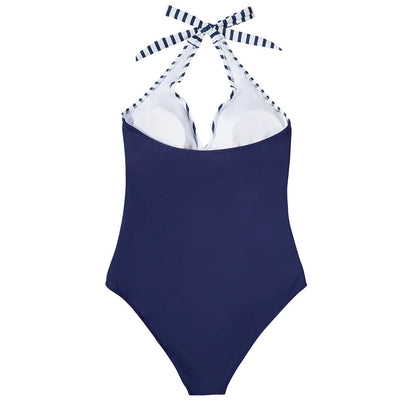 Marinelle™ | Damer Halterneck Badedragt med Stribet Buste | Flatterende Shaping Badedragt med Drapering til Strand og Pool