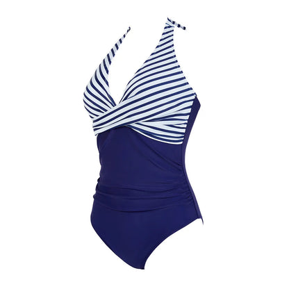 Marinelle™ | Damer Halterneck Badedragt med Stribet Buste | Flatterende Shaping Badedragt med Drapering til Strand og Pool