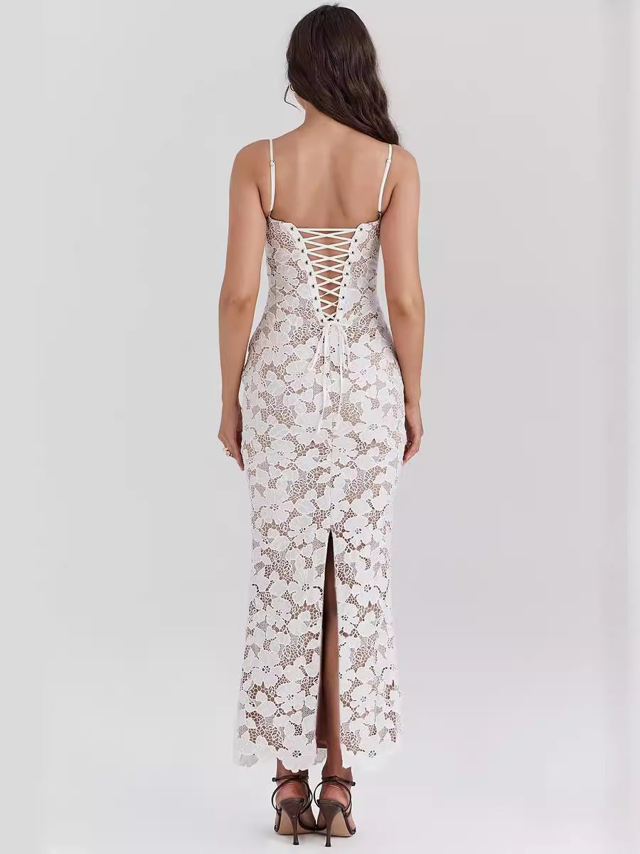 Elaria™ | Damer Hvid Blonde Maxi Kjole | Transparent Bodycon Kjole med Blomstermønster og Spaghettistropper