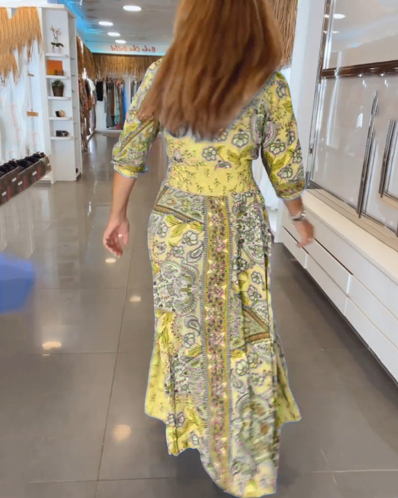 Isalina™ | Damer Boheme Maxikjole med Paisley Blomstermønster | Luftig Sommerkjole med V-Hals og Taljebånd