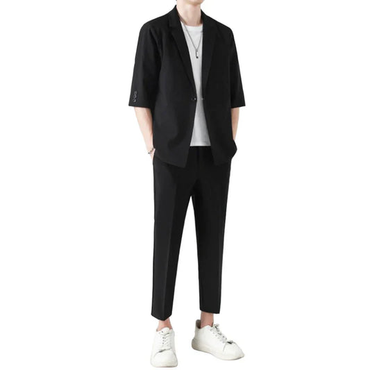 Fiorenza™ | Herre To-Delte Sommer Sæt med Blazer og Bukser | Let Smart Casual Sæt med Trekvartærmer og Elastisk Talje