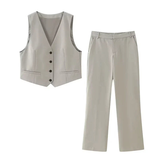 Amarisse™ | Damer To-Delte Vest Sæt | Elegant Co-ord Sommeroutfit med Ærmeløst Gilet og Vide Bukser med Høj Talje