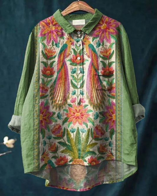 Zahara | Bohemian Bluse Dame | Let Sommerbluse | Lange Ærmer | Kunstnerisk Blomsterprint | Løstsiddende & Åndbar