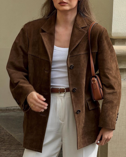 Valentina™ | Oversized Dameblazer i Ruskindslook Brun | Vintage-Inspireret Jakke med Reverskrave og Klaplommer