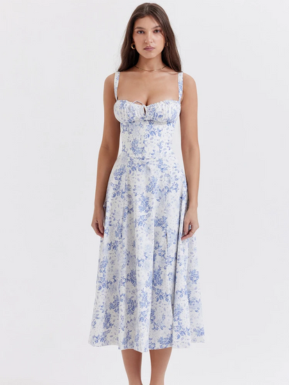 Flora™ | Vintage Midi-Kjole til Kvinder med Blomstermønster | Korsetliv & Svajende Nederdel for et Romantisk Look