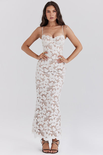 Elaria™ | Damer Hvid Blonde Maxi Kjole | Transparent Bodycon Kjole med Blomstermønster og Spaghettistropper