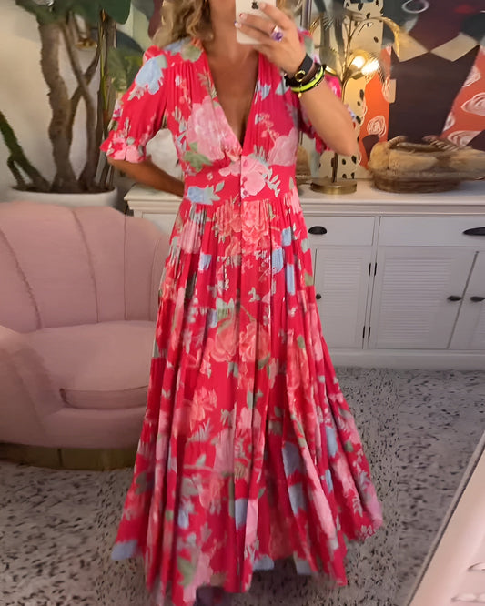 Fiorenza™ | Damer Svingende Maxi Kjole med Blomstermønster og V-Hals | Let Bohemian Sommerkjole med Sommerfugleærmer til Strand og Ferie