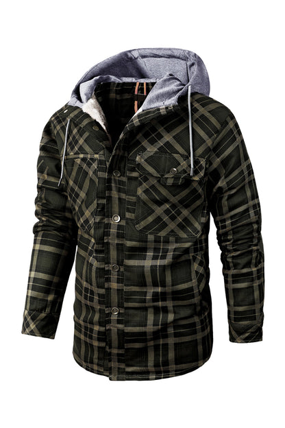 Damiaro™ | Herre Foret Flanneljakke med Hætte | Varm Teddyjakke med Rudemønster og Trykknaplukning
