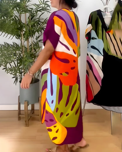 Marilou™ | Damer Oversized Farverig Sommerkjole med V-Hals | Let Løstsiddende Kjole med Abstrakt Print til Ferie og Strand