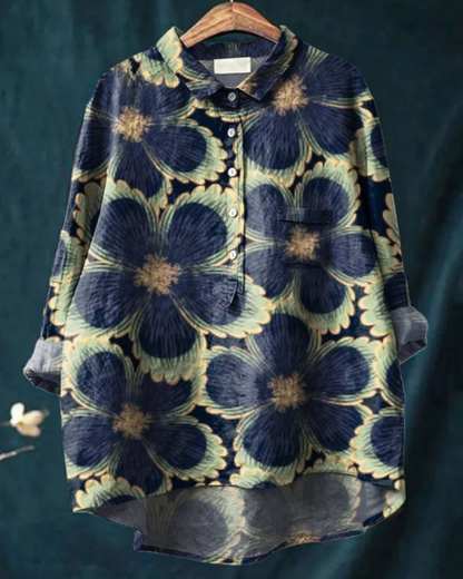 Zahara | Bohemian Bluse Dame | Let Sommerbluse | Lange Ærmer | Kunstnerisk Blomsterprint | Løstsiddende & Åndbar