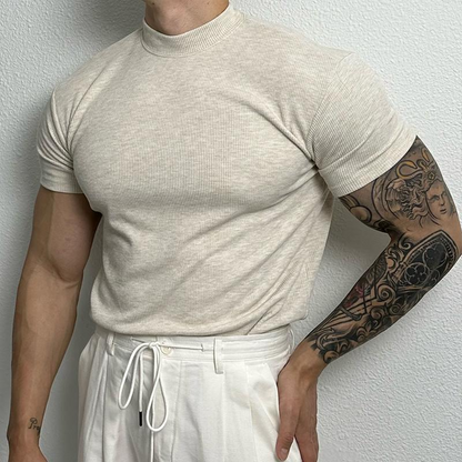 Elian | Fitted T-shirt Herre | Ribstrikket T-shirt med Ståkrave & Korte Ærmer