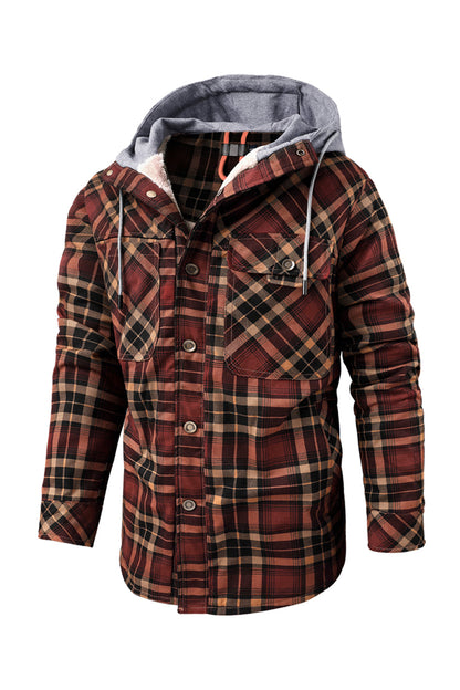Damiaro™ | Herre Foret Flanneljakke med Hætte | Varm Teddyjakke med Rudemønster og Trykknaplukning