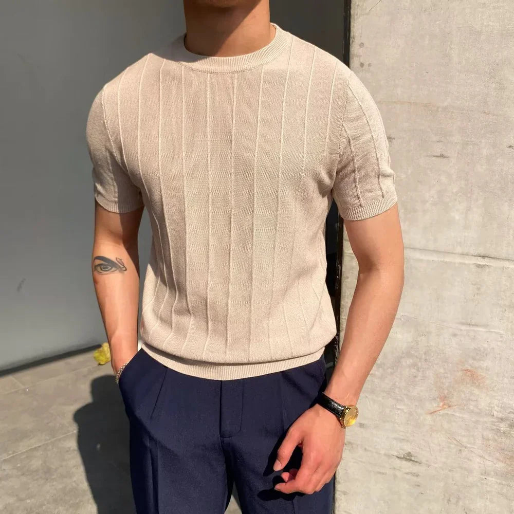 Carlos™ | Herre Strikket T-shirt med Ribstruktur og Korte Ærmer | Luksuriøs Smart Casual Old Money Stil