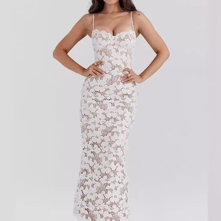 Elaria™ | Damer Hvid Blonde Maxi Kjole | Transparent Bodycon Kjole med Blomstermønster og Spaghettistropper