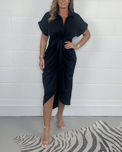 Serena | Skjortekjole Dame | Midi Sommerkjole | Korte Ærmer | Knaplukning & Taljebånd | Elegant & Business
