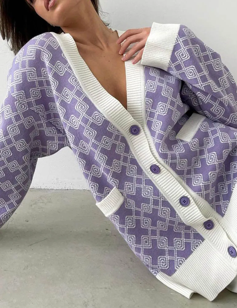 Isolde | Oversize Damer Cardigan med Geometrisk Mønster