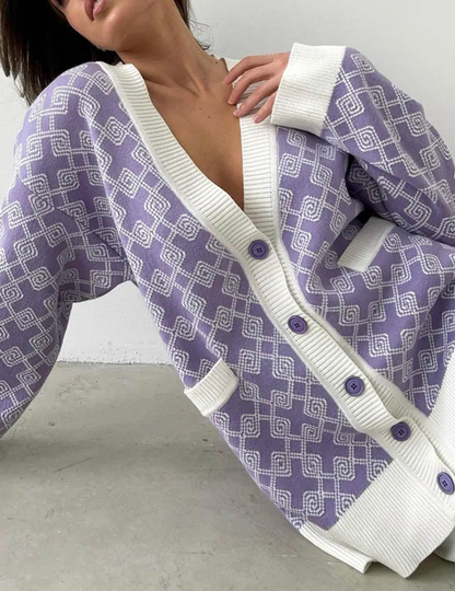 Isolde | Oversize Damer Cardigan med Geometrisk Mønster