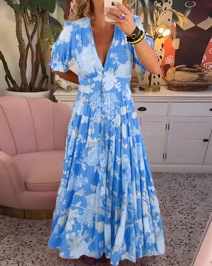 Fiorenza™ | Damer Svingende Maxi Kjole med Blomstermønster og V-Hals | Let Bohemian Sommerkjole med Sommerfugleærmer til Strand og Ferie