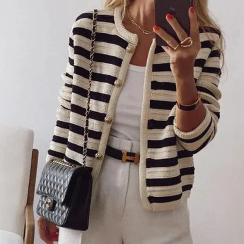 Silia™ | Damer Luksus Cashmere Vest med Stilfuld Knaplukning og Vandrette Striber